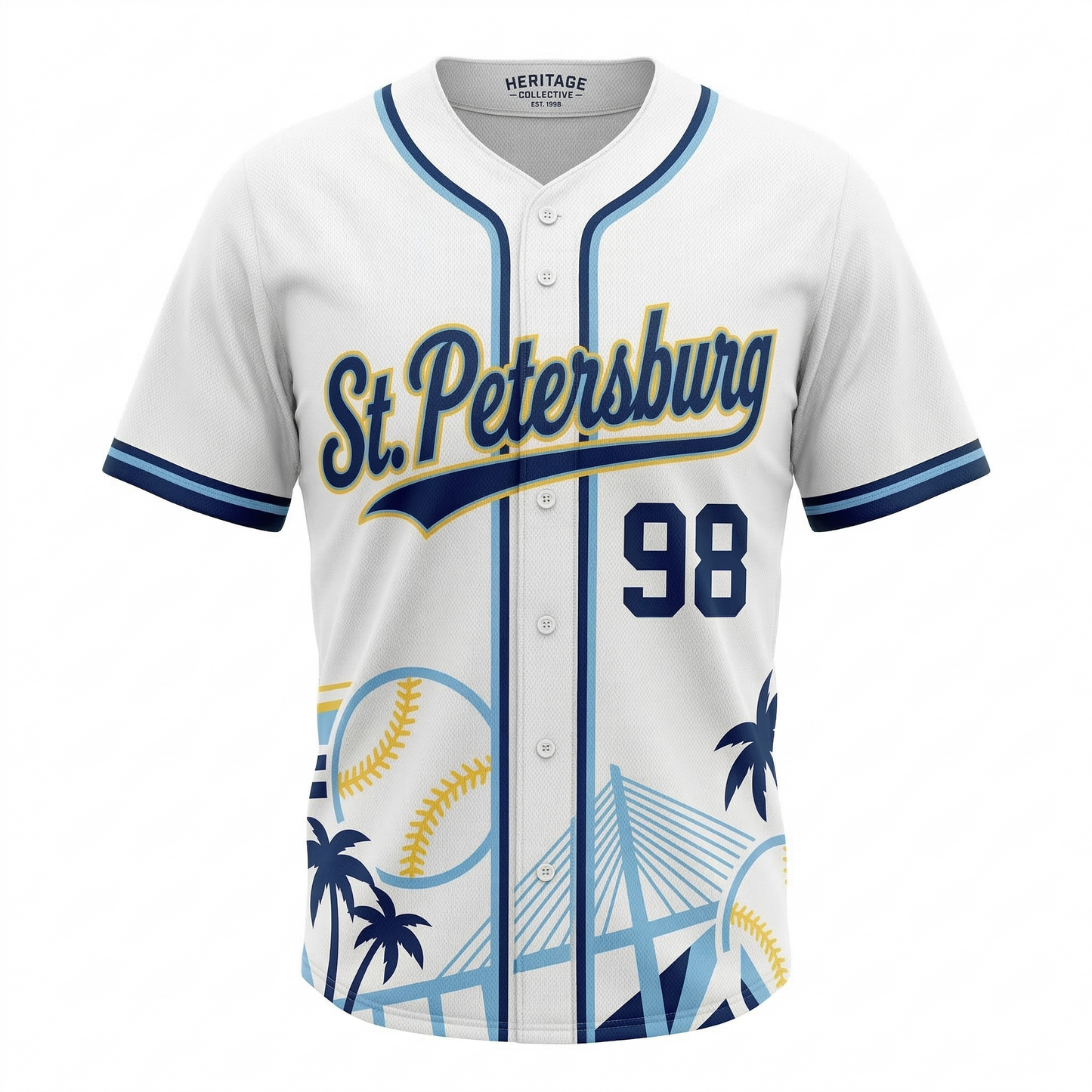 Unisex St. Petersburg Baseball Heritage Sublimated Jersey - Vintage Rays Style Button-Up - White/Navy/Sky Blue All-Over Print