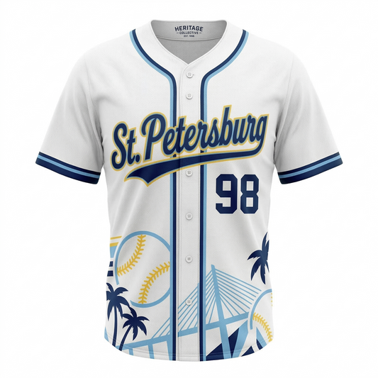 Unisex St. Petersburg Baseball Heritage Sublimated Jersey - Vintage Rays Style Button-Up - White/Navy/Sky Blue All-Over Print