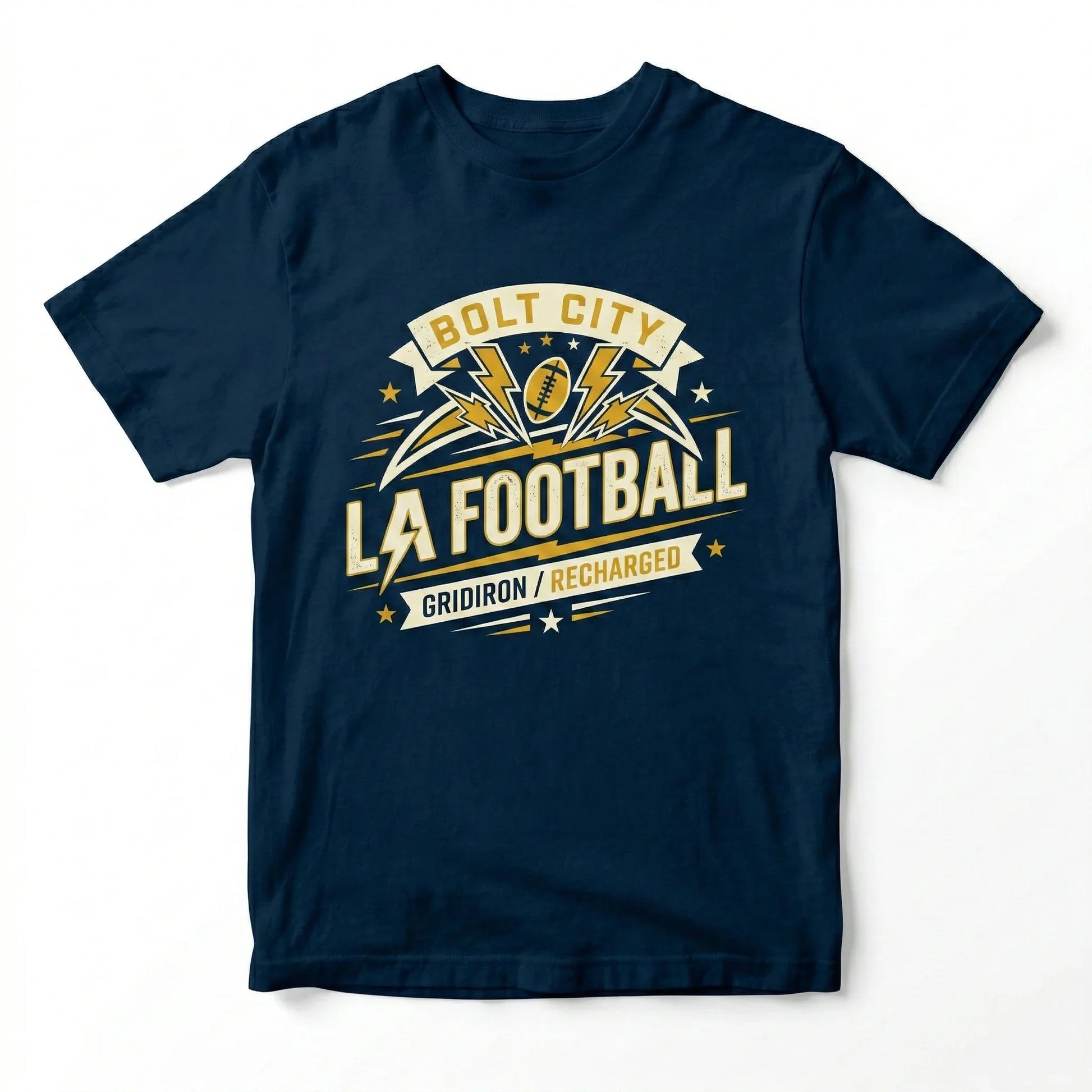 Navy blue t-shirt with LA football graphic, lightning bolts, and gridiron motif.