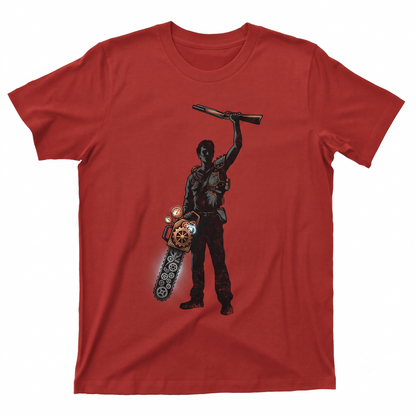 Retro Cult Horror Film Ash Character Graphic Tee - Vintage Zombie Hunter Movie Scene Merch - Unisex T-shirt