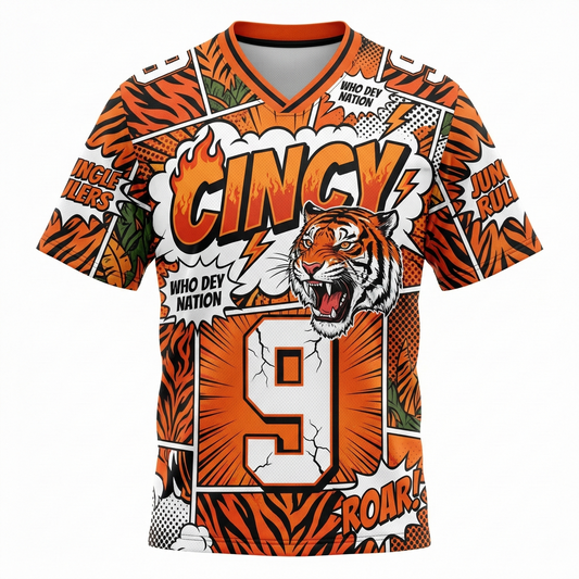 Men's Cincy Jungle Football Jersey - 90s Comic Art Orange & Black Tiger AOP Shirt