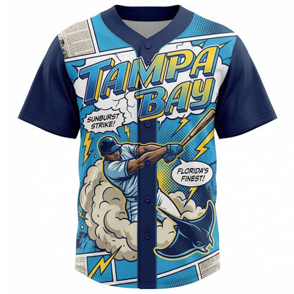 Tampa Bay Retro Sunburst Comic Style Baseball Jersey | Vintage 90s Florida Baseball Fan Apparel | All-Over Print Button-Up Top