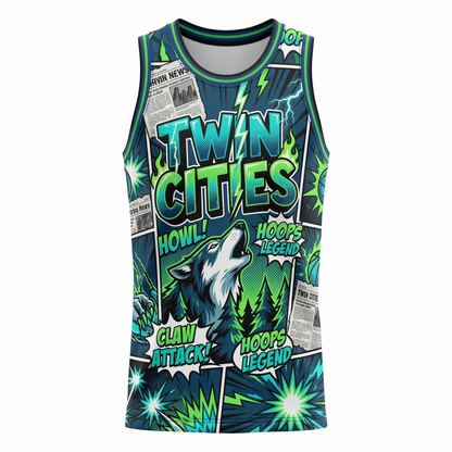 Unisex Twin Cities Retro Comic Basketball Jersey - 90s Bootleg Hoops Graphic Tank Top