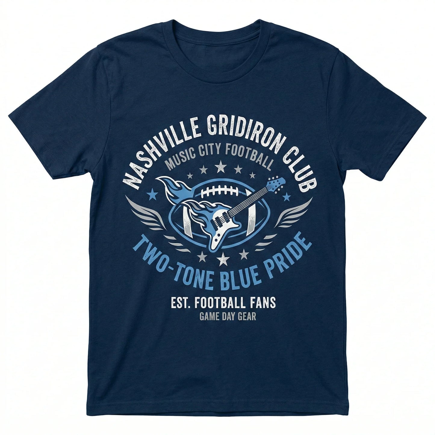 Navy Nashville Gridiron Club t-shirt with football, guitar, and Two-Tone Blue Pride graphics.