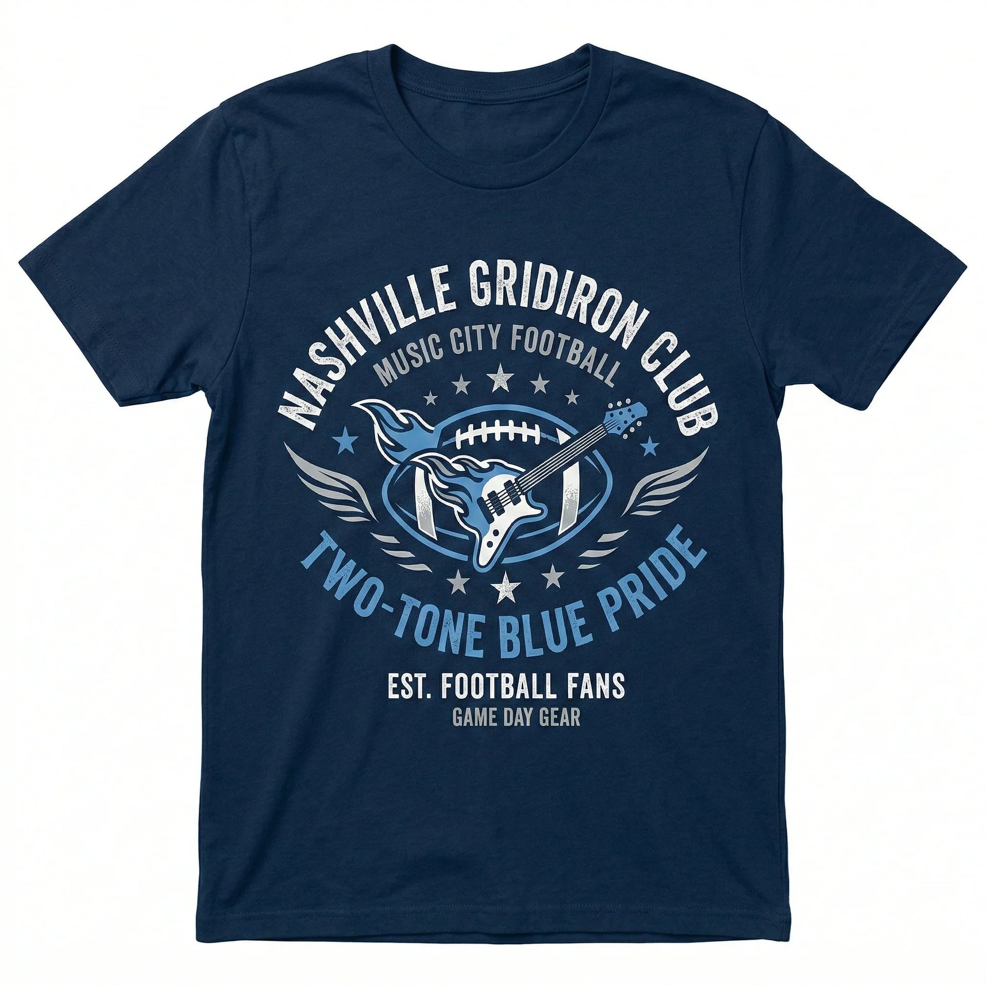 Navy Nashville Gridiron Club t-shirt with football, guitar, and Two-Tone Blue Pride graphics.