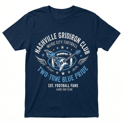 Navy Nashville Gridiron Club t-shirt with football, guitar, and Two-Tone Blue Pride graphics.