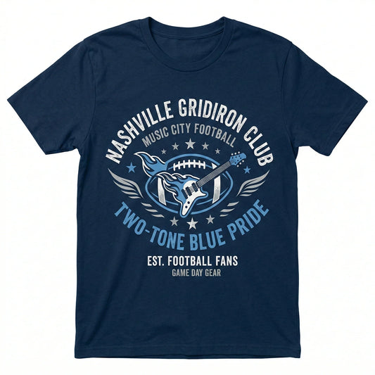Navy Nashville Gridiron Club t-shirt with football, guitar, and Two-Tone Blue Pride graphics.