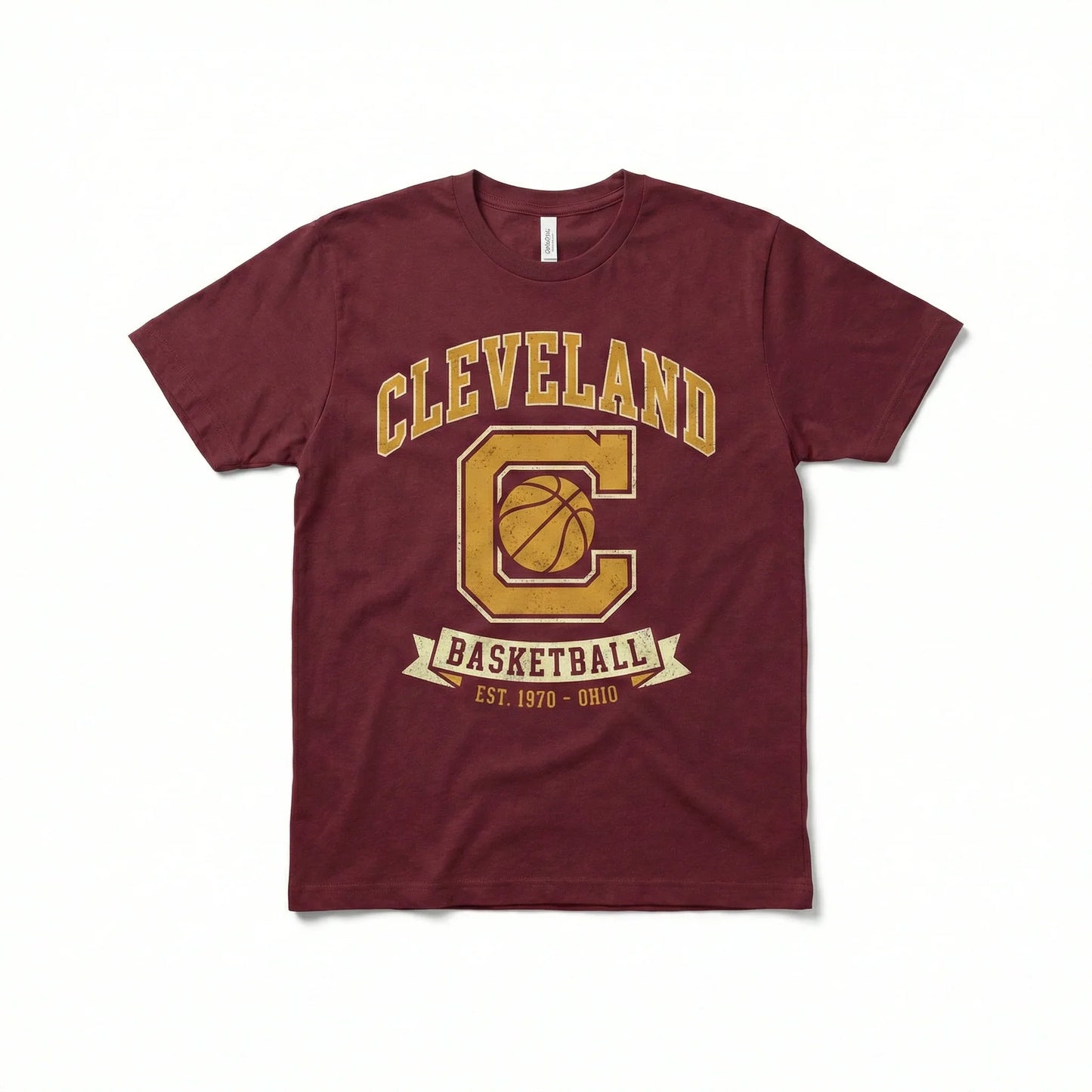 Maroon Cleveland basketball t-shirt with gold printed logo and vintage style design