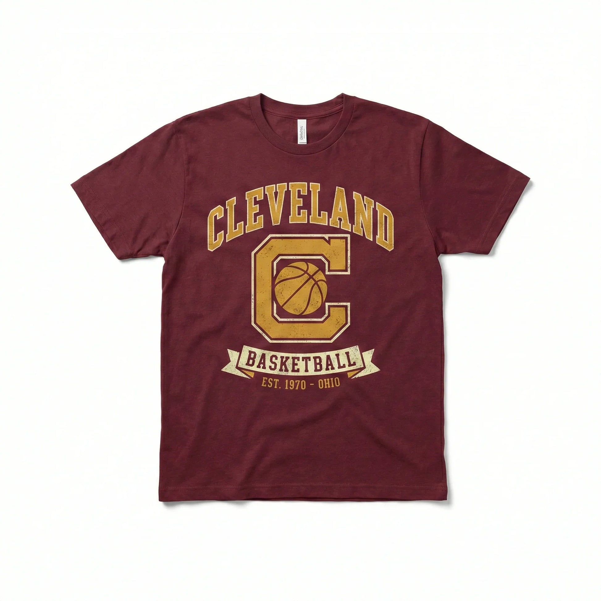 Maroon Cleveland basketball t-shirt with gold printed logo and vintage style design
