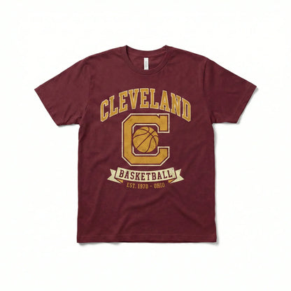 Maroon Cleveland basketball t-shirt with gold printed logo and vintage style design