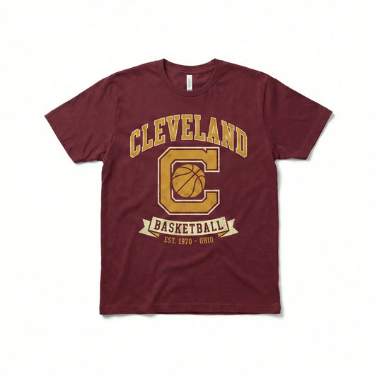 Maroon Cleveland basketball t-shirt with gold printed logo and vintage style design