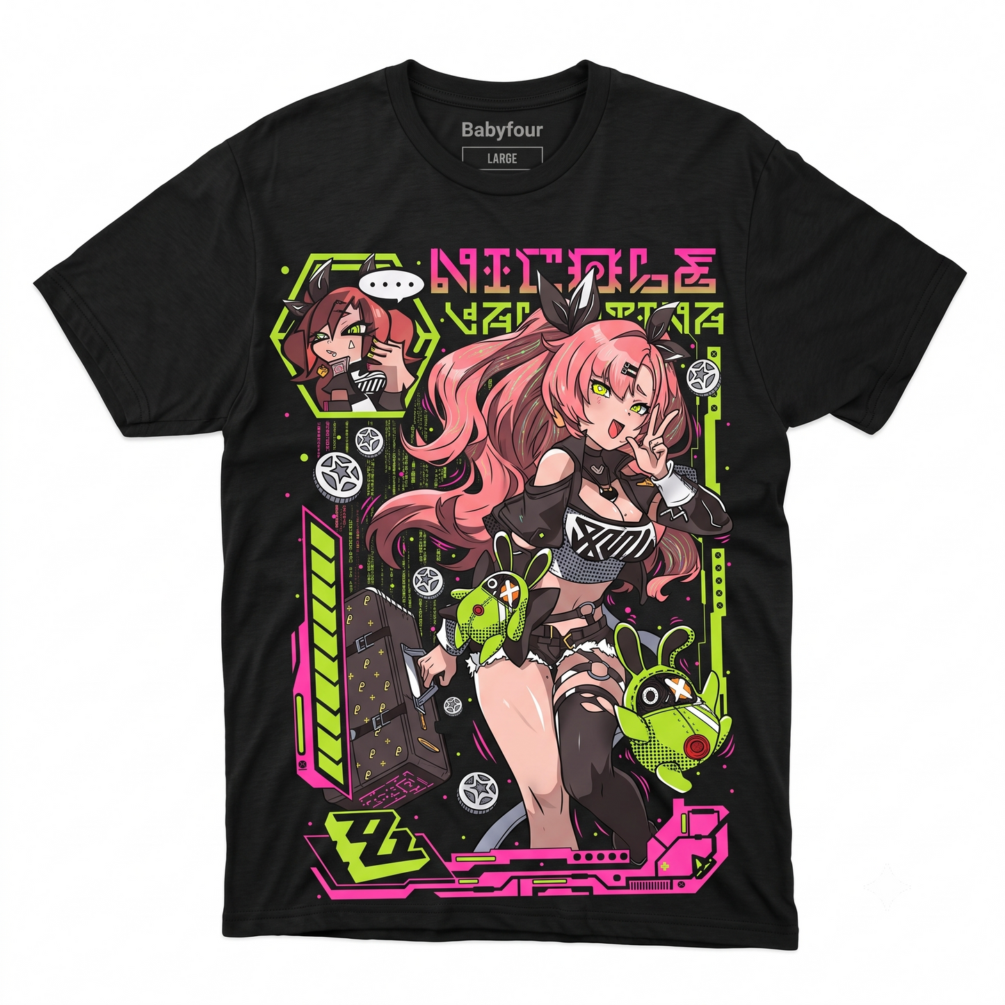 Cyberpunk Anime Girl Graphic T-Shirt - Neon Futuristic Waifu Streetwear Unisex Black Tee