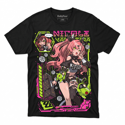 Cyberpunk Anime Girl Graphic T-Shirt - Neon Futuristic Waifu Streetwear Unisex Black Tee