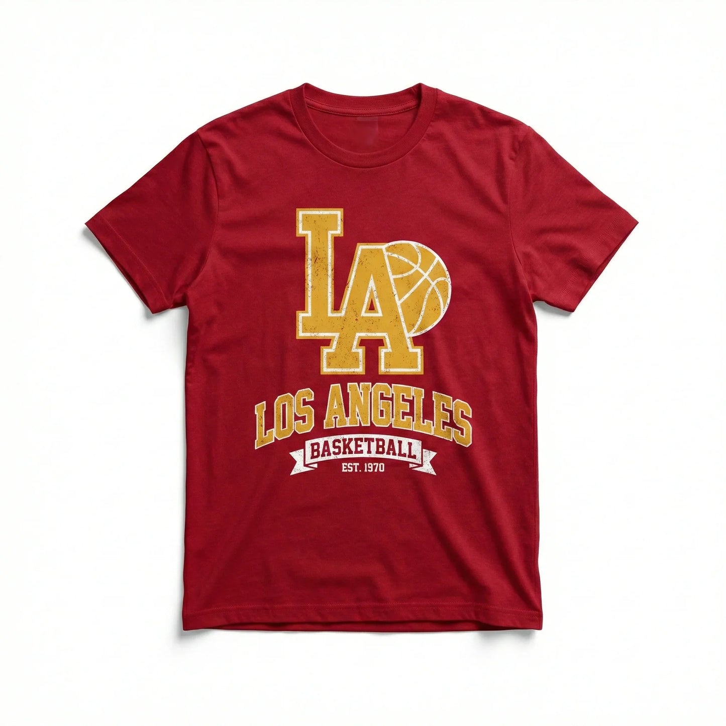 Red t-shirt with yellow 'LA' and basketball graphic, Los Angeles basketball theme.