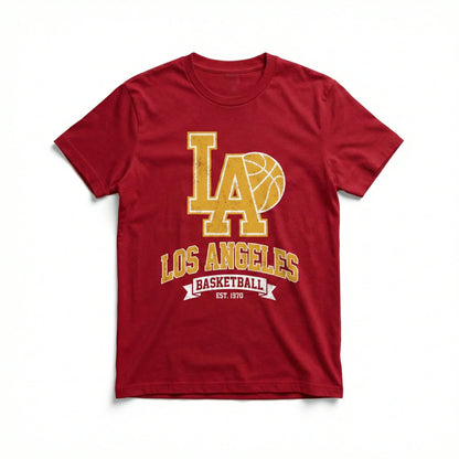 Red t-shirt with yellow 'LA' and basketball graphic, Los Angeles basketball theme.