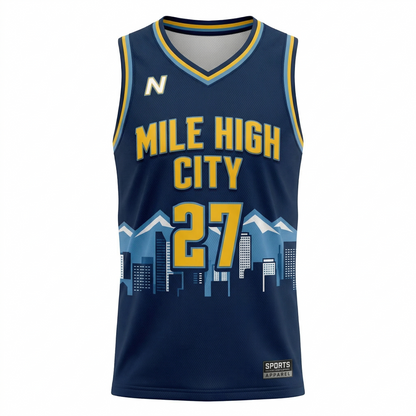 Mile High City Basketball Jersey - Denver Skyline Graphic - Premium Unisex Hoops Tank - Navy & Gold Edition