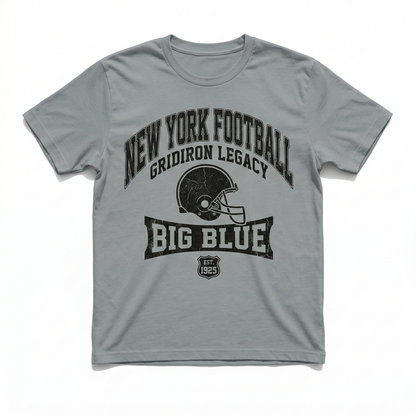 Grey t-shirt with New York football helmet and vintage big blue gridiron legacy print