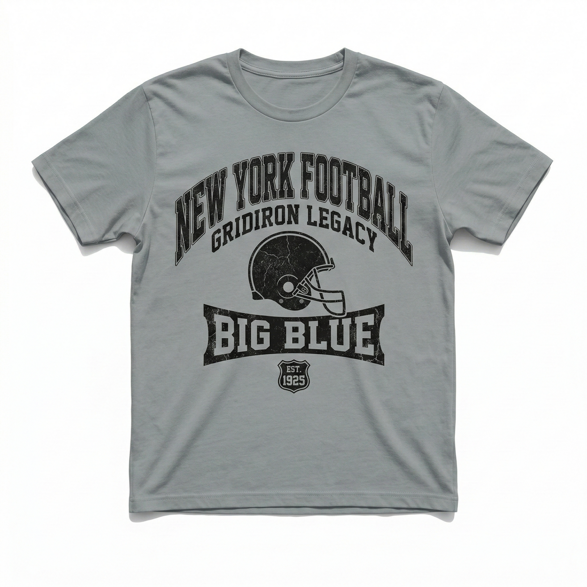 Grey t-shirt with New York football helmet and vintage big blue gridiron legacy print