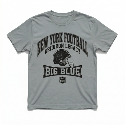 Grey t-shirt with New York football helmet and vintage big blue gridiron legacy print
