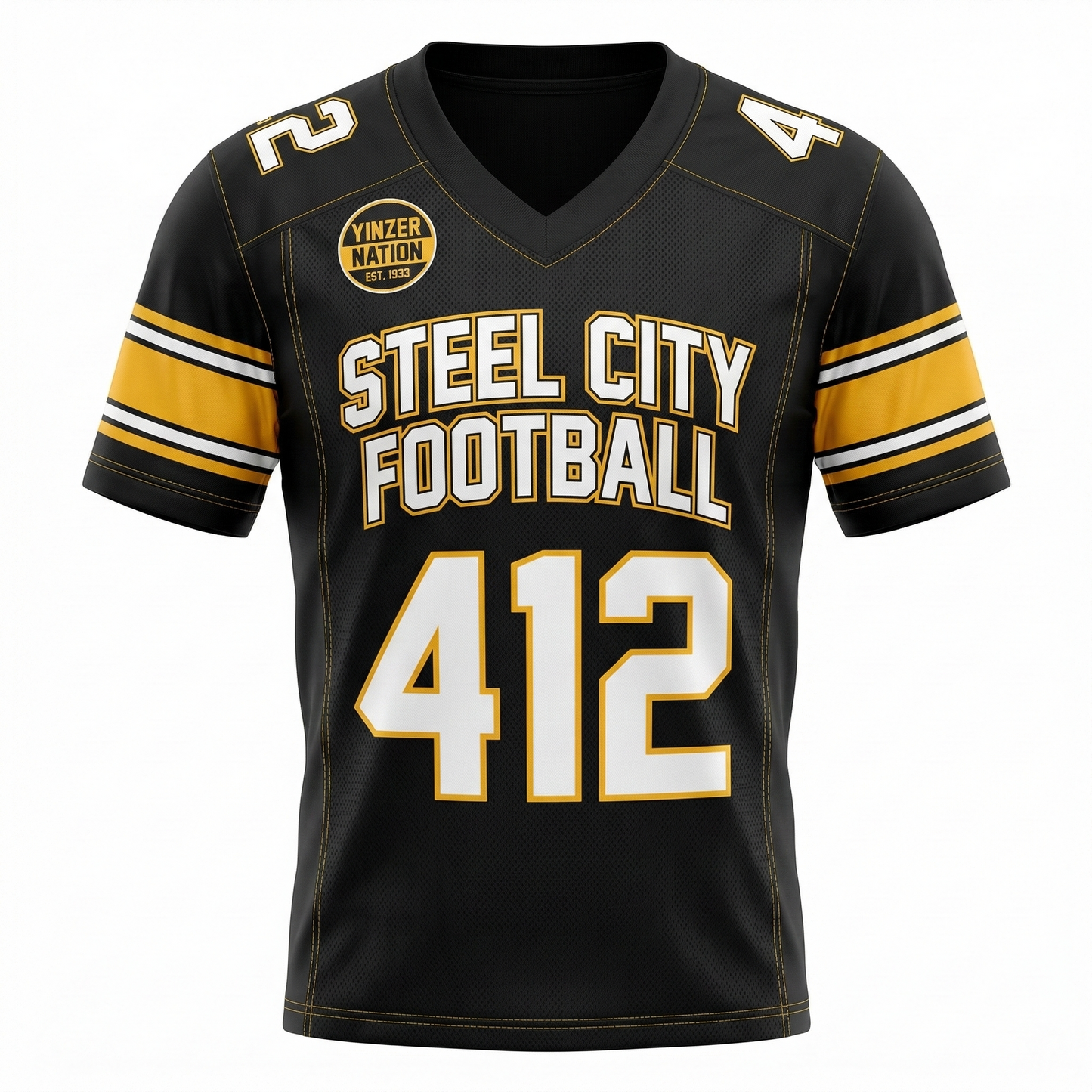 Steel City Gridiron Slogan Jersey | Black & Yellow Game Day Football Shirt | Yinzer Nation AOP Custom Apparel
