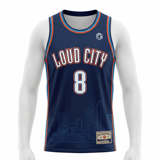 Retro Hoops OKC Loud City Men's All-Over Print Basketball Jersey - Unisex Blue & Orange Heritage Standard Hype Graphic Tee