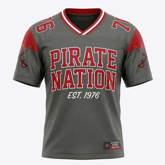 Tampa Bay Gridiron Heritage Football Fan Jersey - Pirate Nation Pewter & Red - Unisex S-3XL