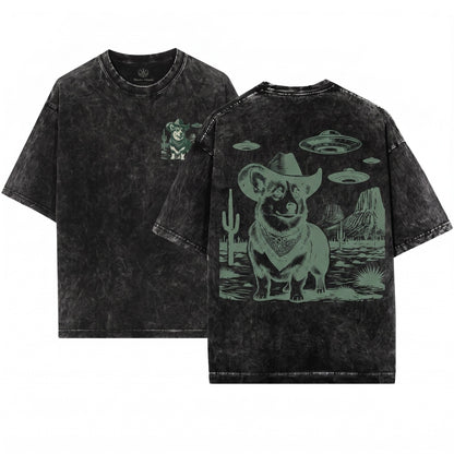 UFO Western Welsh Corgi Dog Mom Dad Cowboy Ranch Owner Gift Unisex Wash T-Shirt