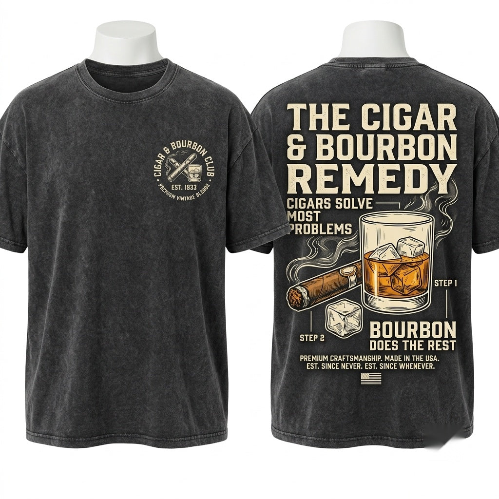 Funny Cigar Bourbon Fathers Day Husband Birthday Gift Unisex Wash T-Shirt