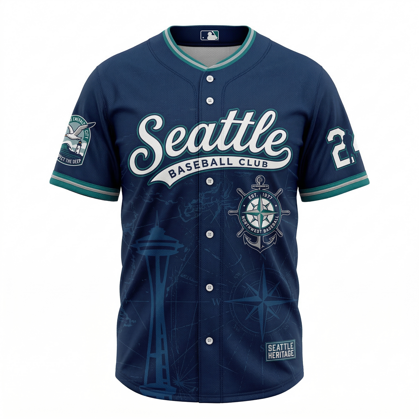 Emerald City Seattle Baseball Jersey - Premium Unisex All-Over Print Button-Up Navy
