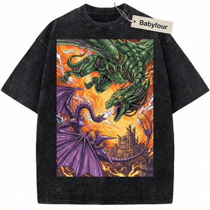 Vintage Epic Dragon Battle Unisex T-Shirt - Medieval Fantasy Realm Graphic Tee - Mythical Fire Dragon Series Inspired Shirt