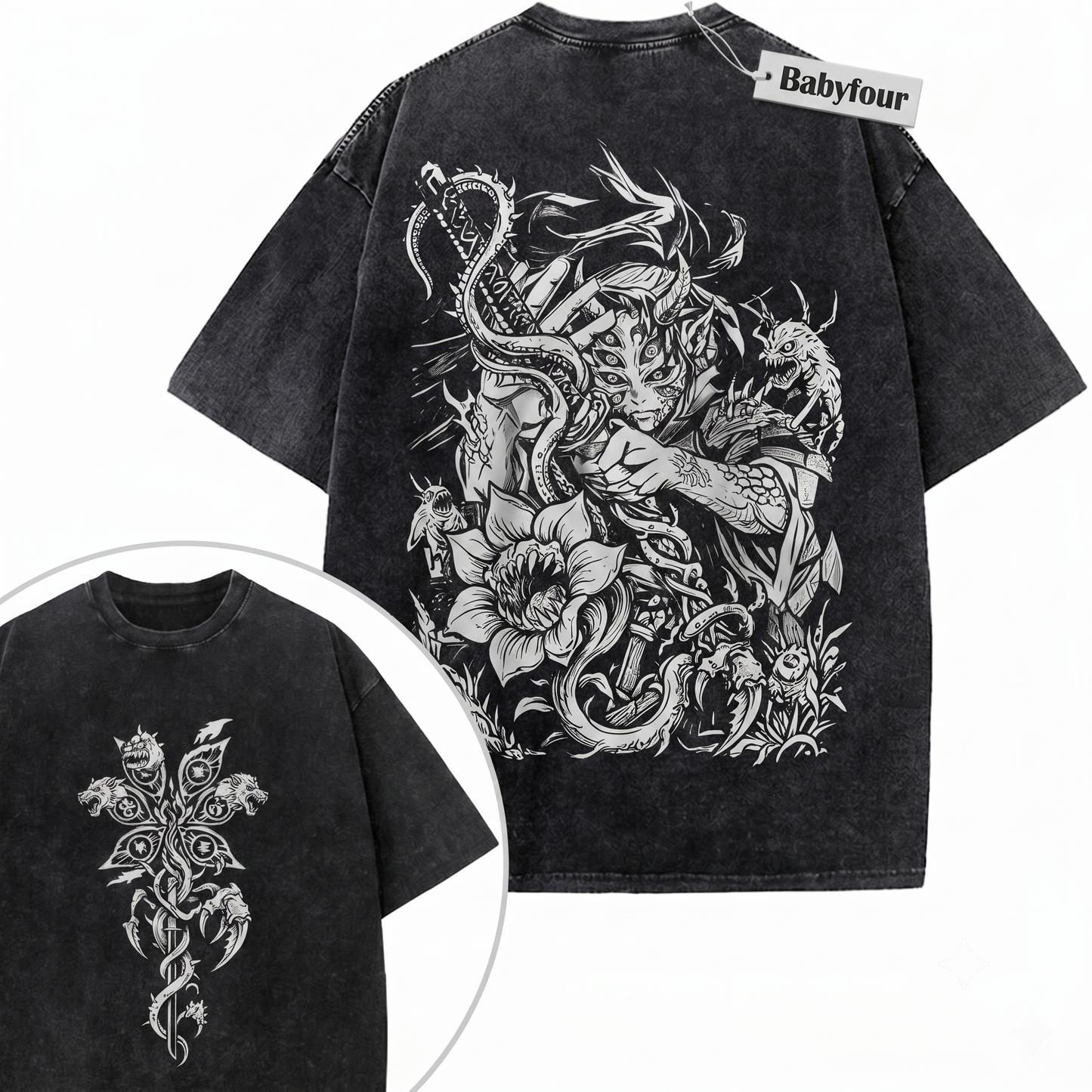 Vintage 2-Sided Six Eyed Demon Samurai Graphic Tee - Retro Upper Moon One Anime Swordsman Unisex T-shirt