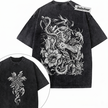 Vintage 2-Sided Six Eyed Demon Samurai Graphic Tee - Retro Upper Moon One Anime Swordsman Unisex T-shirt
