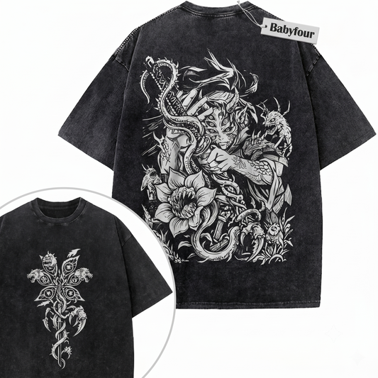 Vintage 2-Sided Six Eyed Demon Samurai Graphic Tee - Retro Upper Moon One Anime Swordsman Unisex T-shirt