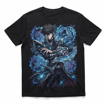 Card Game Inspired Illustration T-Shirt, Heavyweight Black Graphic Tee, Japanese Anime Aesthetic Clothing, Short Sleeve Cotton Shirt