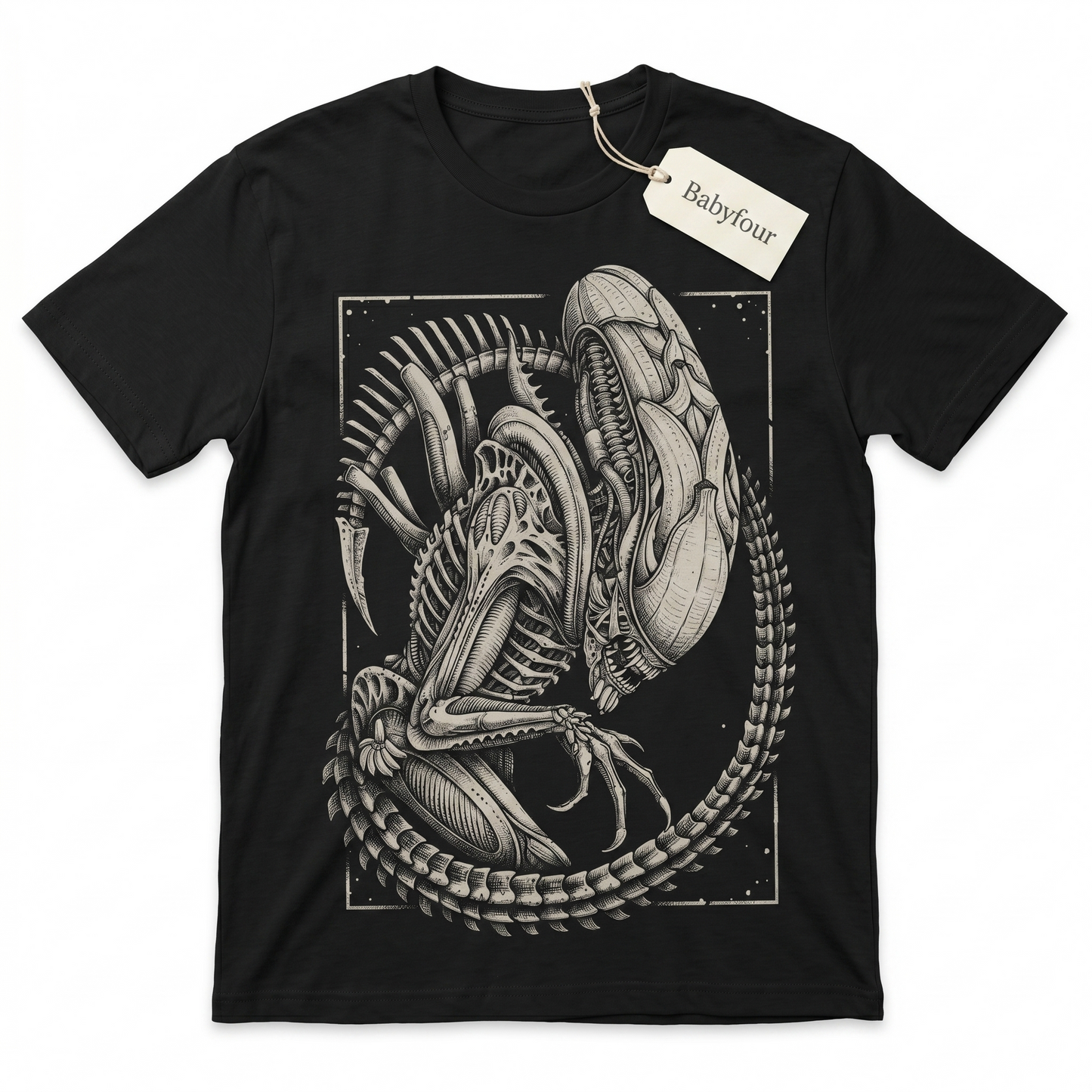 Unisex Tshirt - Biomechanical Skeletal Alien Monster Graphic Art, Coiled Xenomorph Form, Sci-Fi Horror Movie Inspired Design