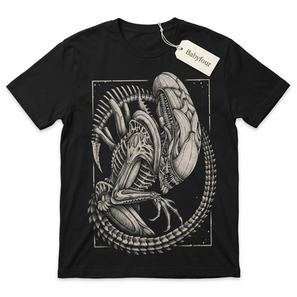 Unisex Tshirt - Biomechanical Skeletal Alien Monster Graphic Art, Coiled Xenomorph Form, Sci-Fi Horror Movie Inspired Design