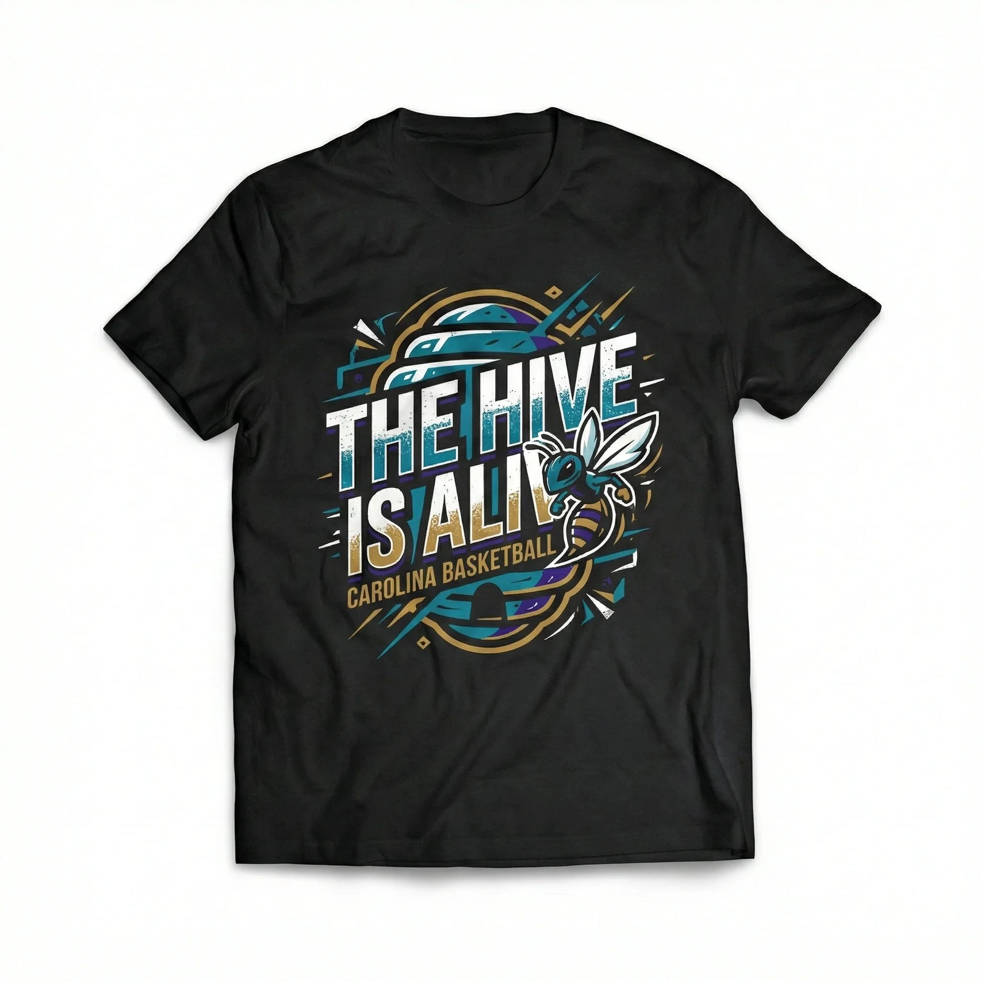 Black t-shirt with colorful hornet graphic and 'The Hive Is Alive Carolina Basketball' text