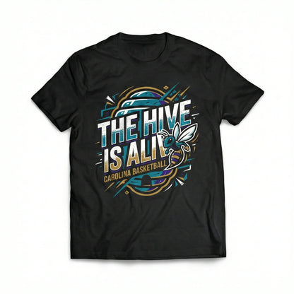 Black t-shirt with colorful hornet graphic and 'The Hive Is Alive Carolina Basketball' text