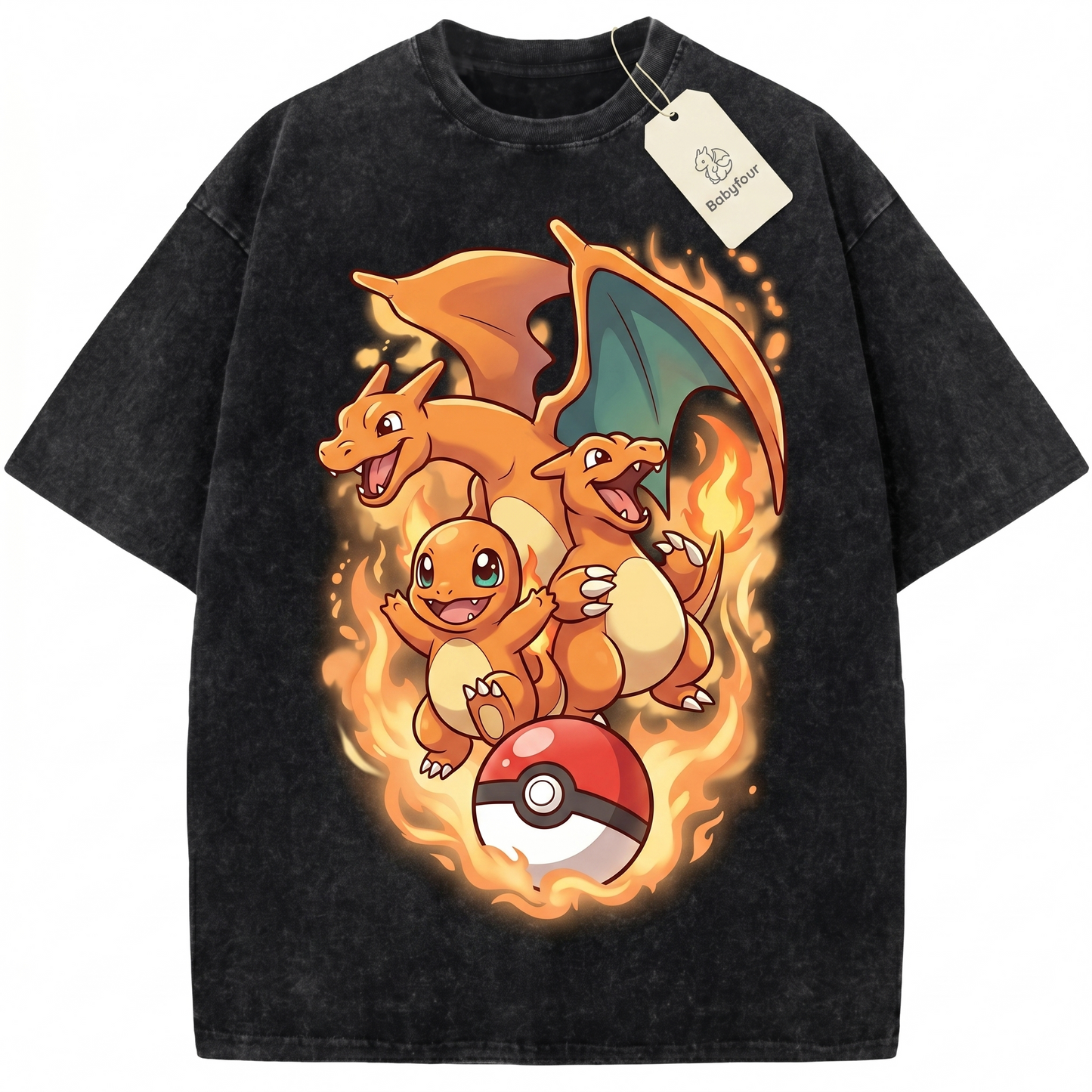 Vintage Fire Dragon Evolution Graphic Tee - Retro Anime Monster Wash Black Oversized Heavyweight Unisex T-shirt