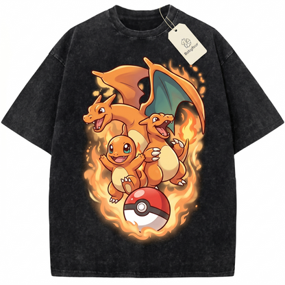 Vintage Fire Dragon Evolution Graphic Tee - Retro Anime Monster Wash Black Oversized Heavyweight Unisex T-shirt