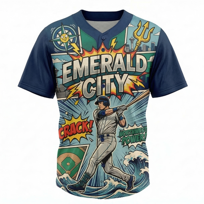 Emerald City Baseball Vintage Comic Style All-Over Print Button-Up Jersey - Unisex Northwest Hype Apparel