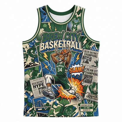 Retro Milwaukee Brew City Deer Comic Art Unisex Basketball Jersey - Green/Blue