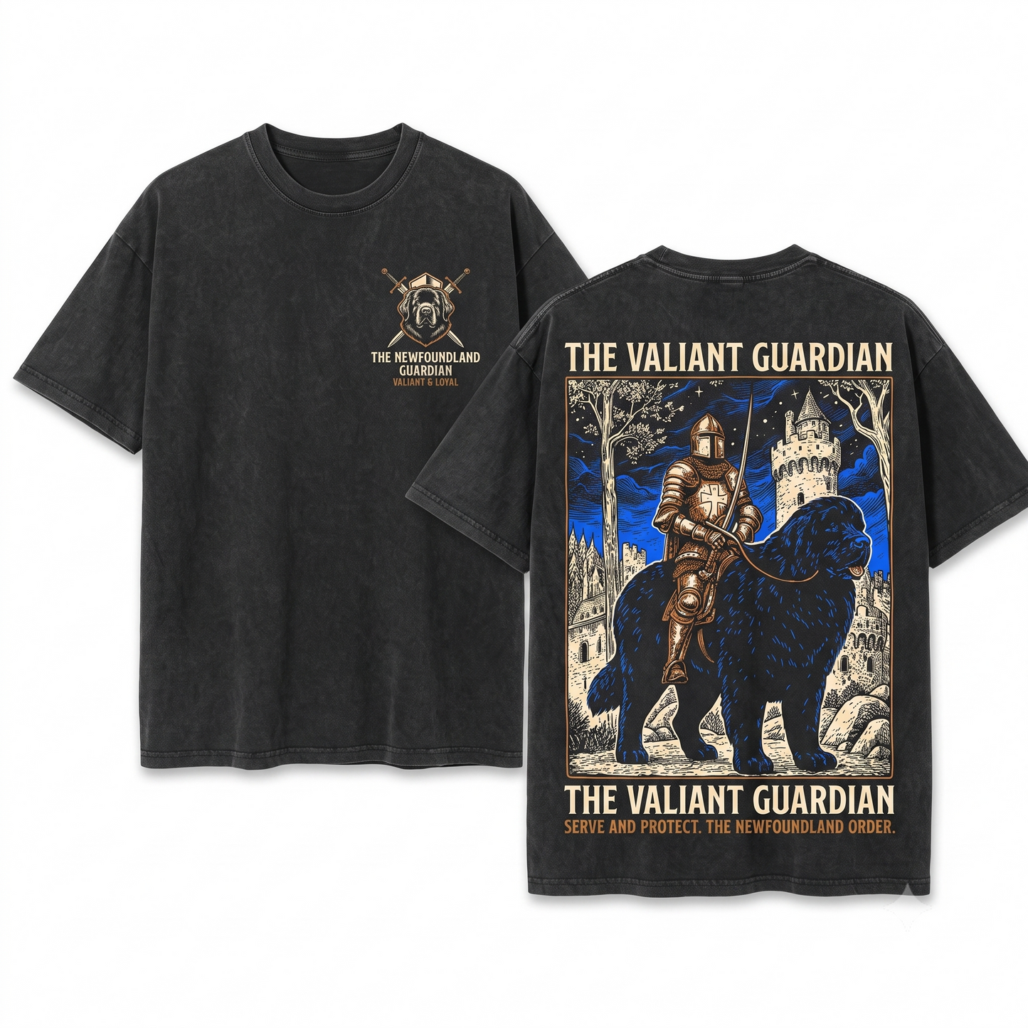 Medieval Newfoundland Knight Riding Snail Retro Grimdark Y2K Dog Mom Dad Meme Gift Unisex Heavyweight Garment-Dyed T-Shirt
