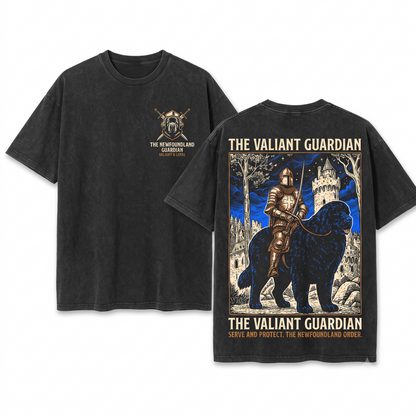 Medieval Newfoundland Knight Riding Snail Retro Grimdark Y2K Dog Mom Dad Meme Gift Unisex Heavyweight Garment-Dyed T-Shirt