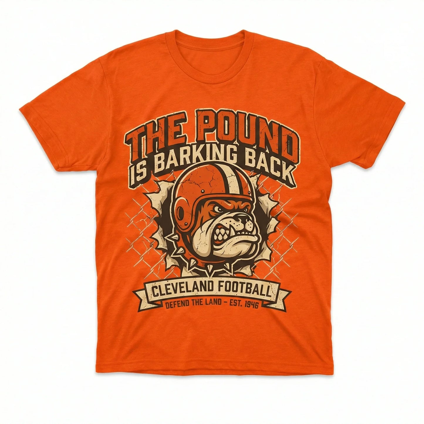 Orange Cleveland football t-shirt with bulldog mascot and 'The Pound is Barking Back' text.