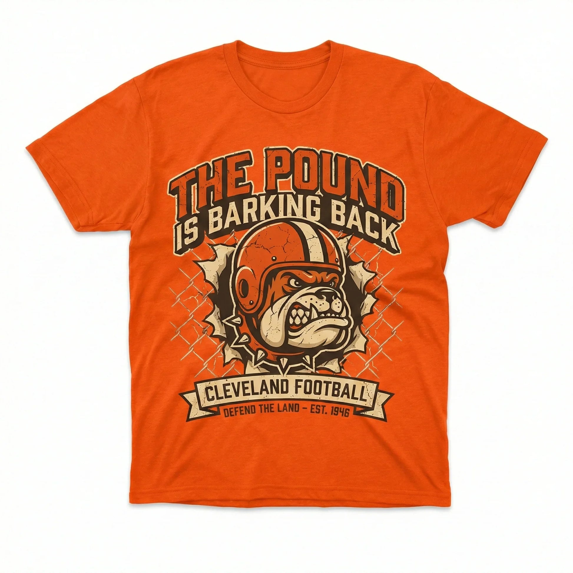 Orange Cleveland football t-shirt with bulldog mascot and 'The Pound is Barking Back' text.
