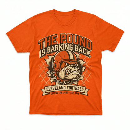 Orange Cleveland football t-shirt with bulldog mascot and 'The Pound is Barking Back' text.