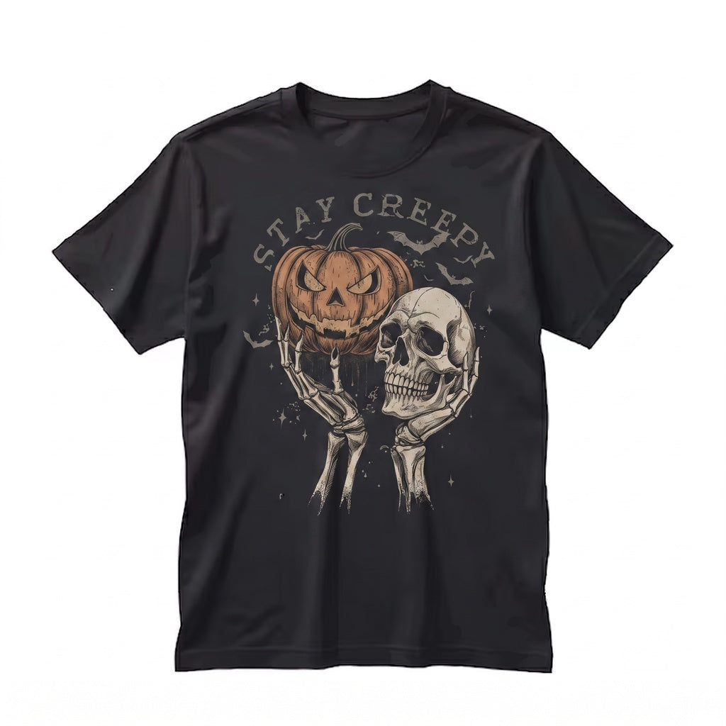 Vintage Halloween Stay Creepy Retro Skeleton Pumpkin Graphic Unisex TShirt