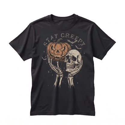 Vintage Halloween Stay Creepy Retro Skeleton Pumpkin Graphic Unisex TShirt
