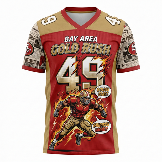 Bay Area Gold Rush Vintage Comic Style Football Jersey | San Fran Gridiron All-Over Print
